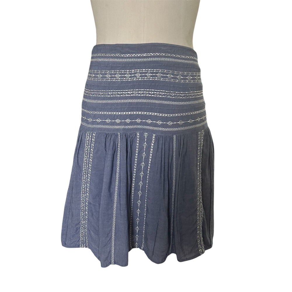 White House Black Market Skirt Womens 10 Blue Boho Embroidered Drop Waist Mini - Picture 3 of 10